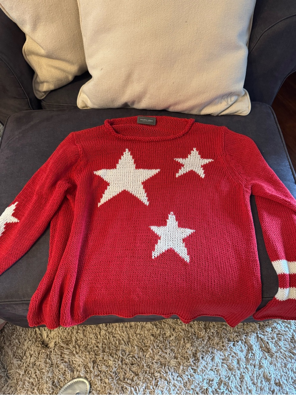 Wooden Ships Red Star Crewneck Sweater with White Stars